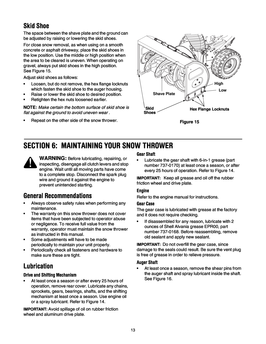 MTD OGST-3106 manual Maintaining Your Snow Thrower, Skid Shoe, General Recommendations, Lubrication 