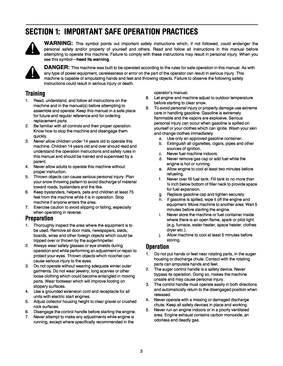 MTD OGST-3106 manual Important Safe Operation Practices, Training, Preparation 