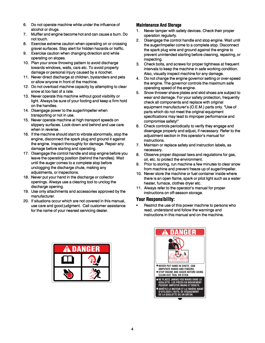 MTD OGST-3106 manual Danger, Your Responsibility 