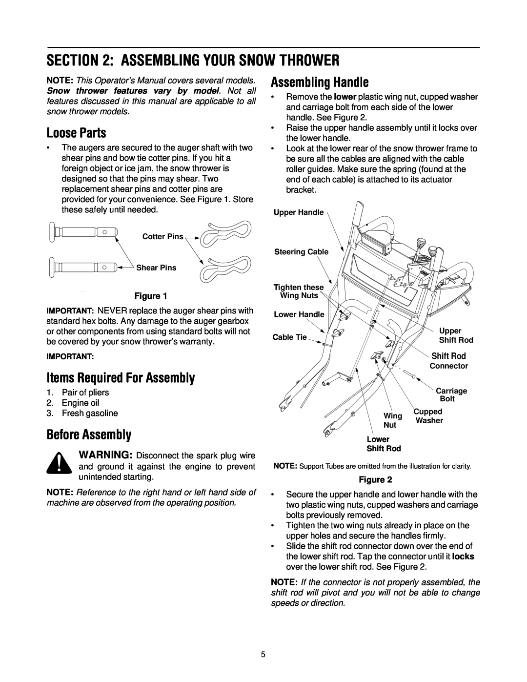 MTD OGST-3106 Assembling Your Snow Thrower, Loose Parts, Items Required For Assembly, Before Assembly, Assembling Handle 