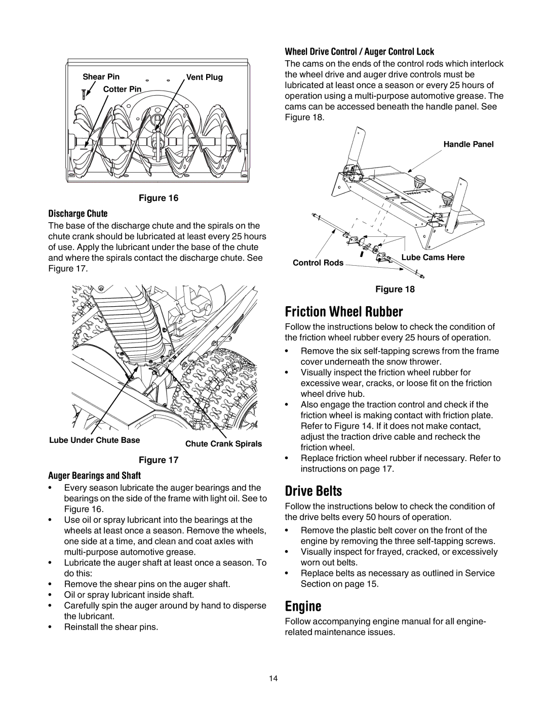 MTD OGST-3106 manual Friction Wheel Rubber, Drive Belts, Engine, Wheel Drive Control / Auger Control Lock 