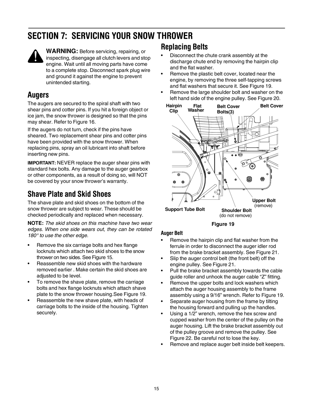 MTD OGST-3106 manual Servicing Your Snow Thrower, Augers Replacing Belts, Shave Plate and Skid Shoes, Auger Belt 