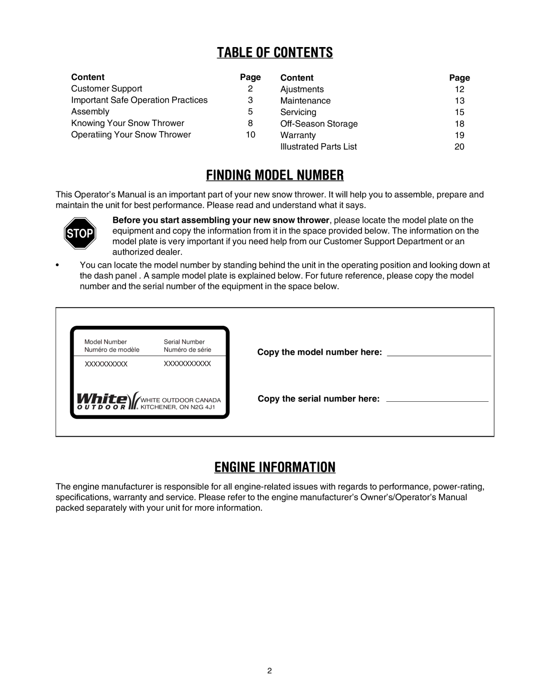 MTD OGST-3106 manual Table of Contents 