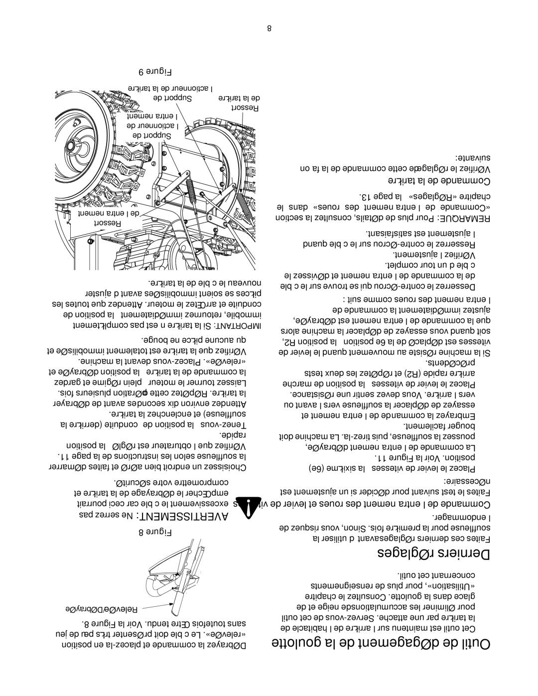 MTD OGST-3106 manual Réglages Derniers, Goulotte la de dégagement de Outil, La à «Réglages» chapitre 