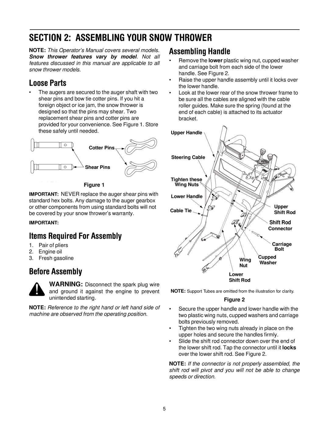 MTD OGST-3106 Assembling Your Snow Thrower, Loose Parts, Items Required For Assembly, Before Assembly Assembling Handle 