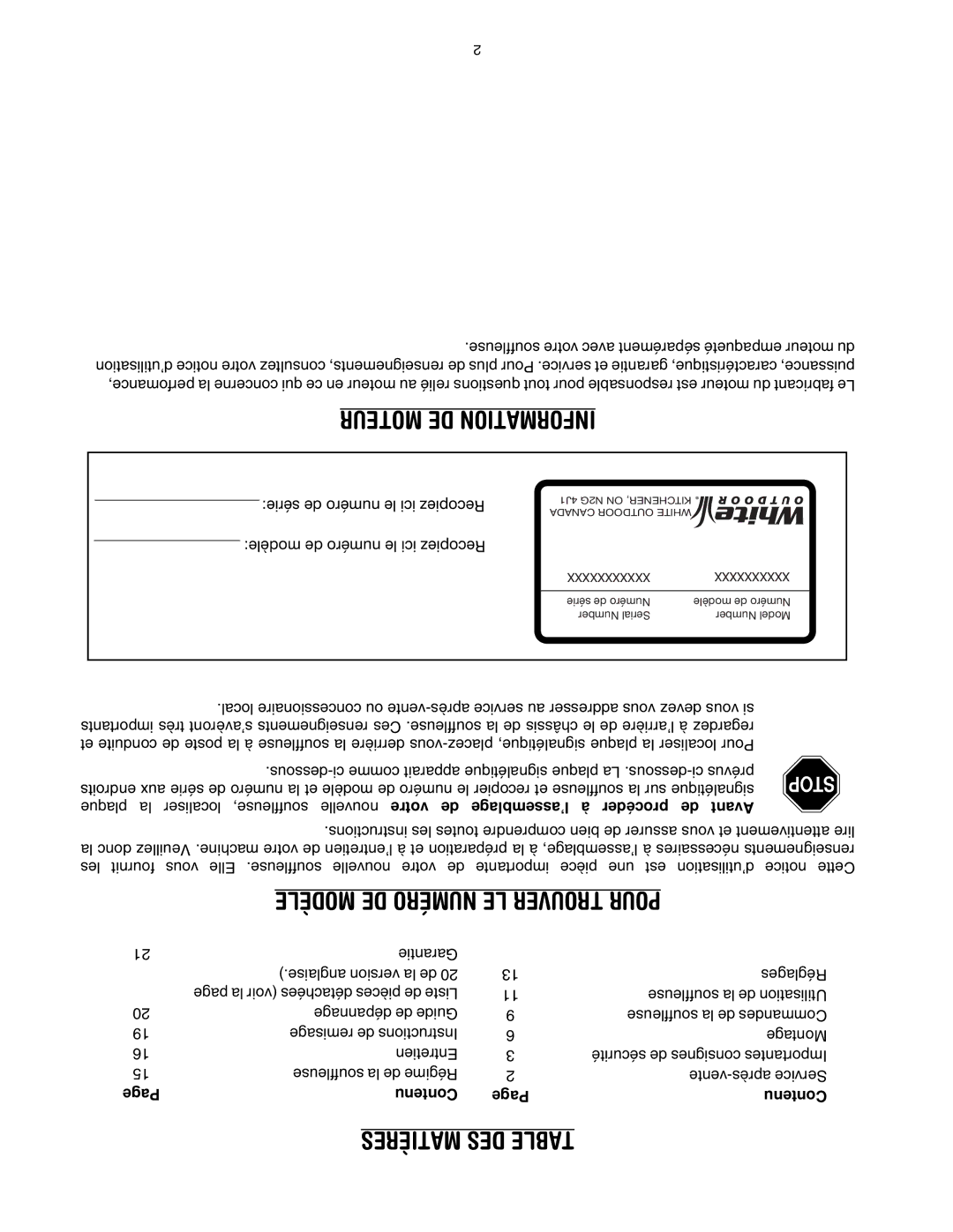 MTD OGST-3106 manual Egl’assembla Procéder de Avant, EgPa Contenu 