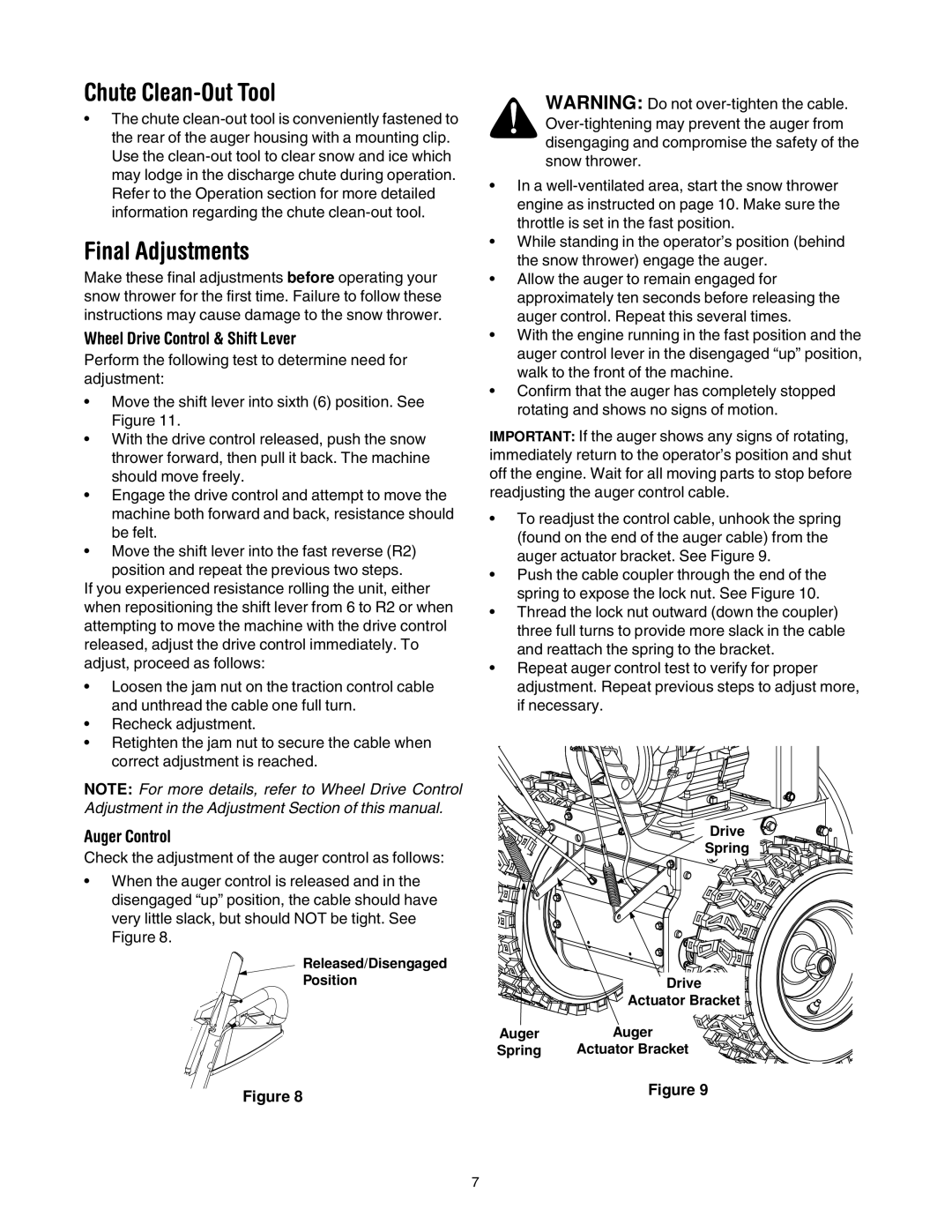 MTD OGST-3106 manual Chute Clean-Out Tool, Final Adjustments, Wheel Drive Control & Shift Lever, Auger Control 