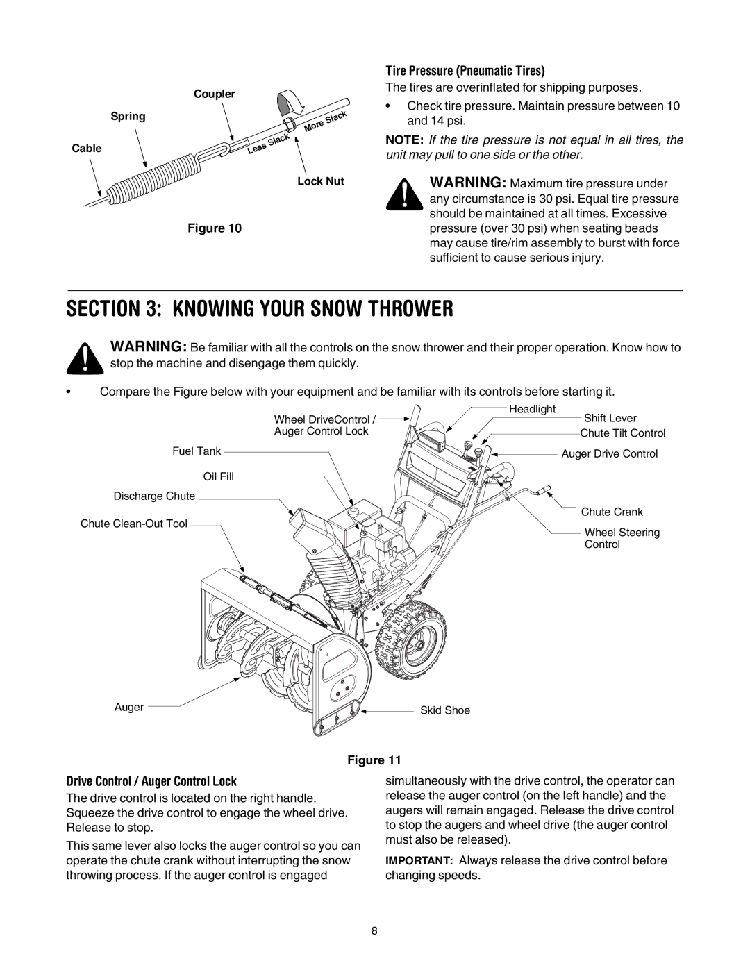 MTD OGST-3106 manual Knowing Your Snow Thrower, Tire Pressure Pneumatic Tires, Drive Control / Auger Control Lock 