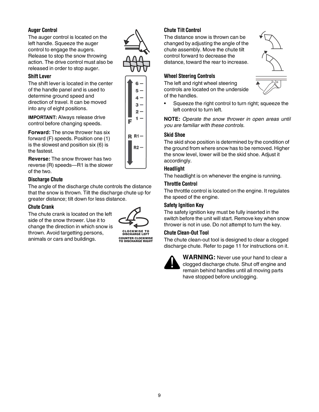 MTD OGST-3106 Shift Lever, Discharge Chute, Chute Tilt Control, Wheel Steering Controls, Skid Shoe, Headlight, Chute Crank 