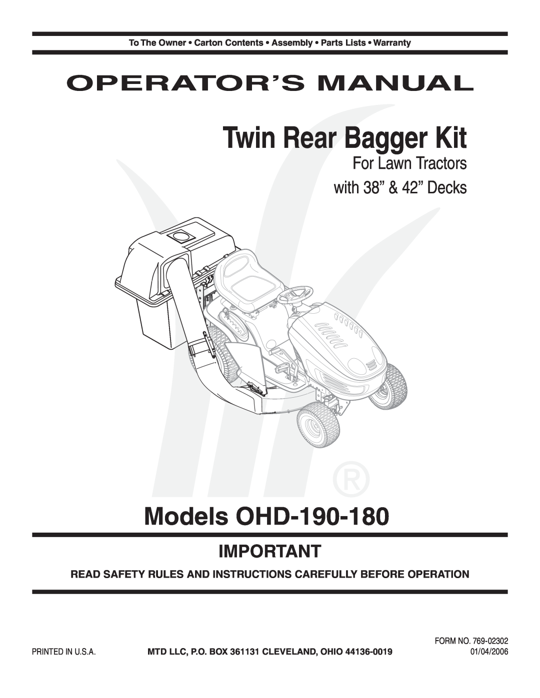 MTD OHD 190-180 warranty Operator’S Manual, Read Safety Rules And Instructions Carefully Before Operation 