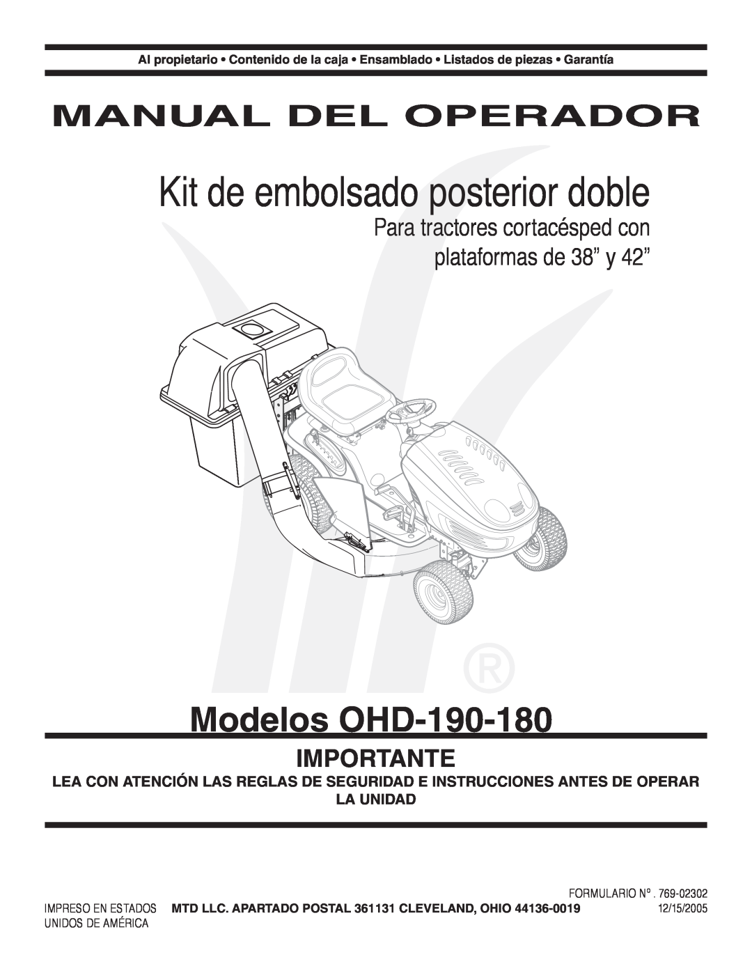 MTD OHD 190-180 Kit de embolsado posterior doble, Modelos OHD-190-180, Manual Del Operador, Importante, Formulario Nº 