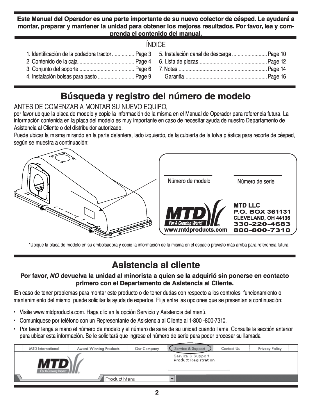 MTD OHD 190-180 warranty Búsqueda y registro del número de modelo, Asistencia al cliente, Índice 