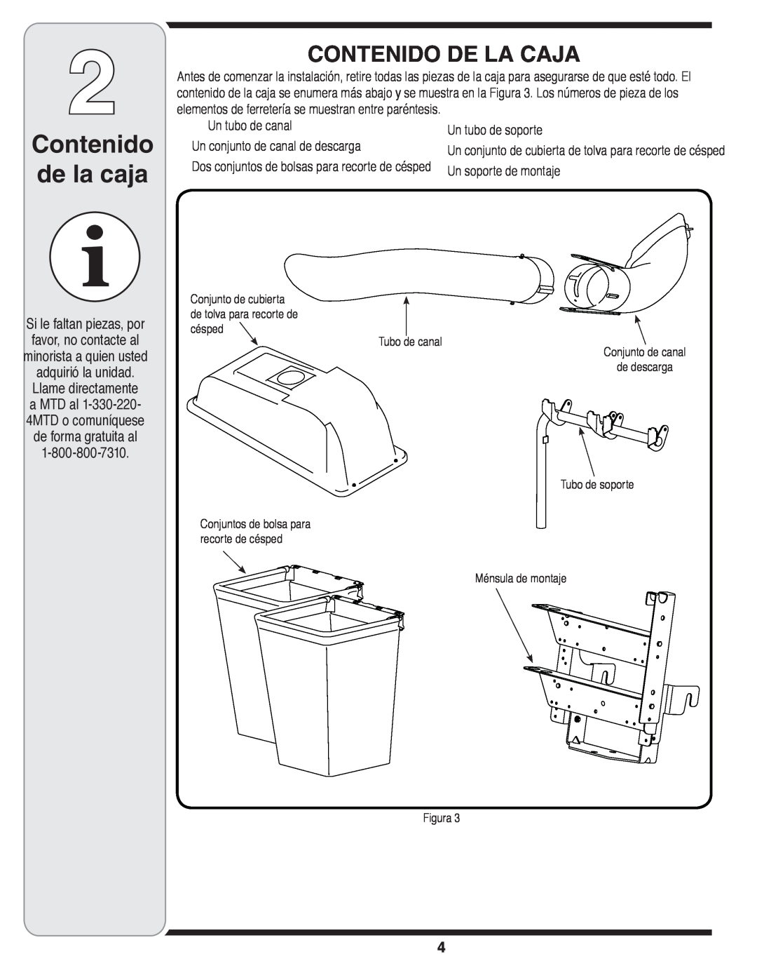 MTD OHD 190-180 warranty Contenido de la caja, Contenido De La Caja, Un tubo de canal Un conjunto de canal de descarga 
