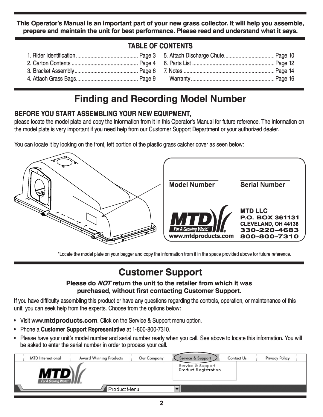 MTD OHD 190-180 warranty Finding and Recording Model Number, Customer Support, Table Of Contents, Serial Number 