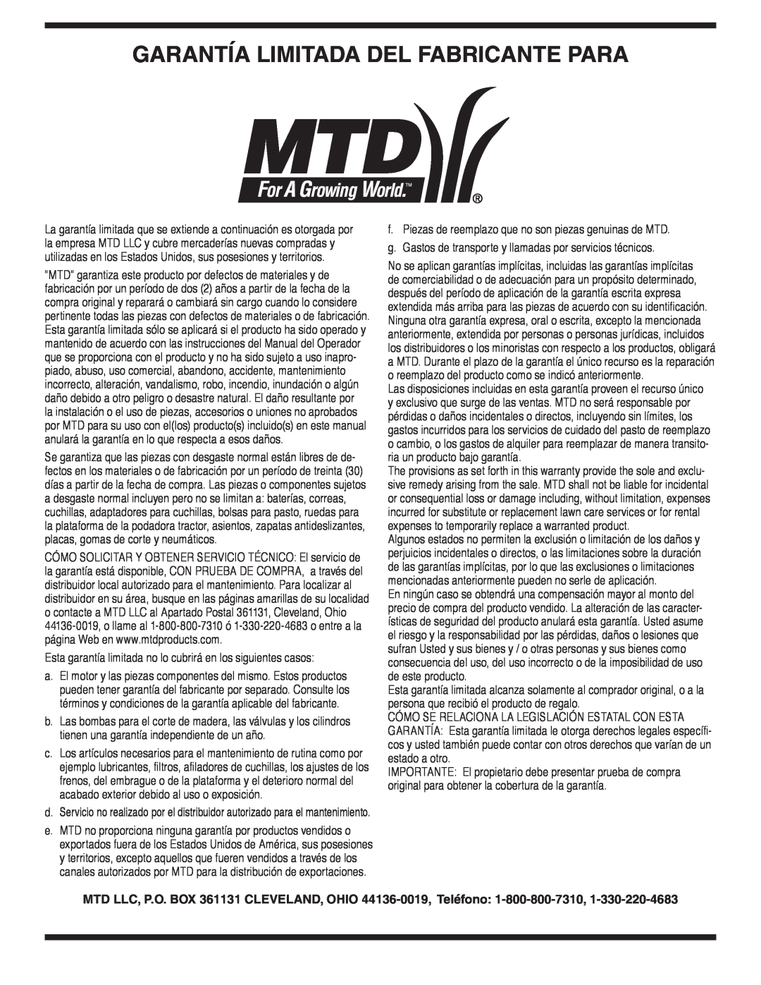 MTD OHD 190-180 Garantía Limitada Del Fabricante Para, Esta garantía limitada no lo cubrirá en los siguientes casos 