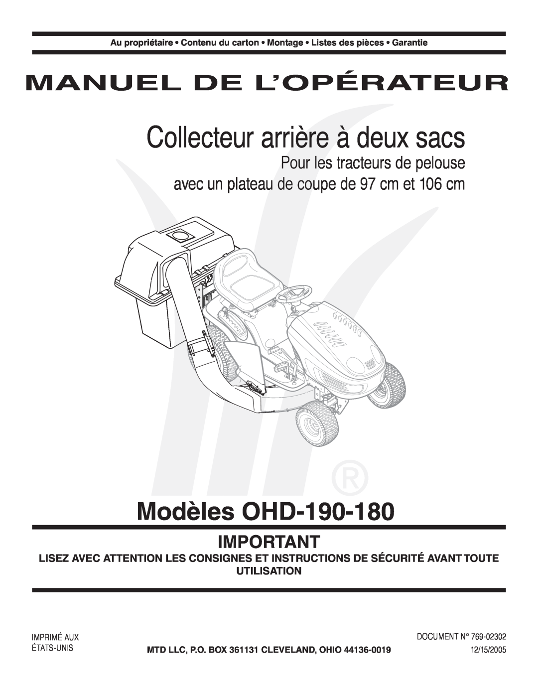 MTD OHD 190-180 Collecteur arrière à deux sacs, Modèles OHD-190-180, Manuel De L’Opérateur, Imprimé Aux, États-Unis 