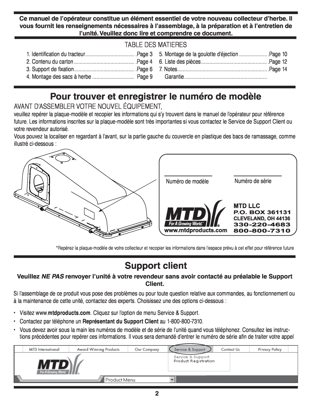MTD OHD 190-180 warranty Pour trouver et enregistrer le numéro de modèle, Support client, Table Des Matieres 