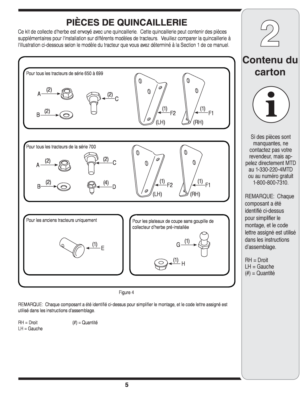 MTD OHD 190-180 warranty Pièces De Quincaillerie, Contenu du carton 