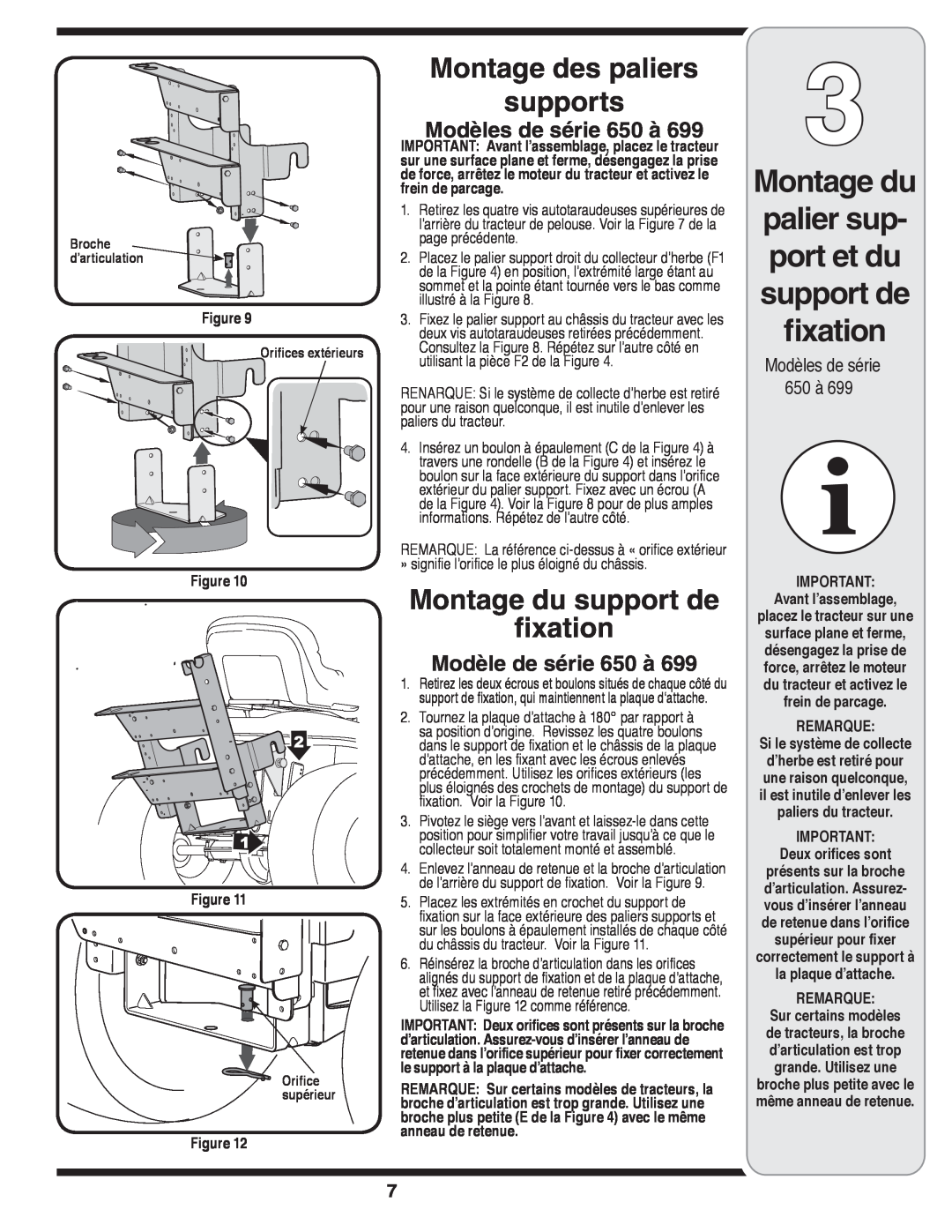 MTD OHD 190-180 Montage du, palier sup- port et du support de ﬁxation, Montage des paliers supports, Modèle de série 650 à 