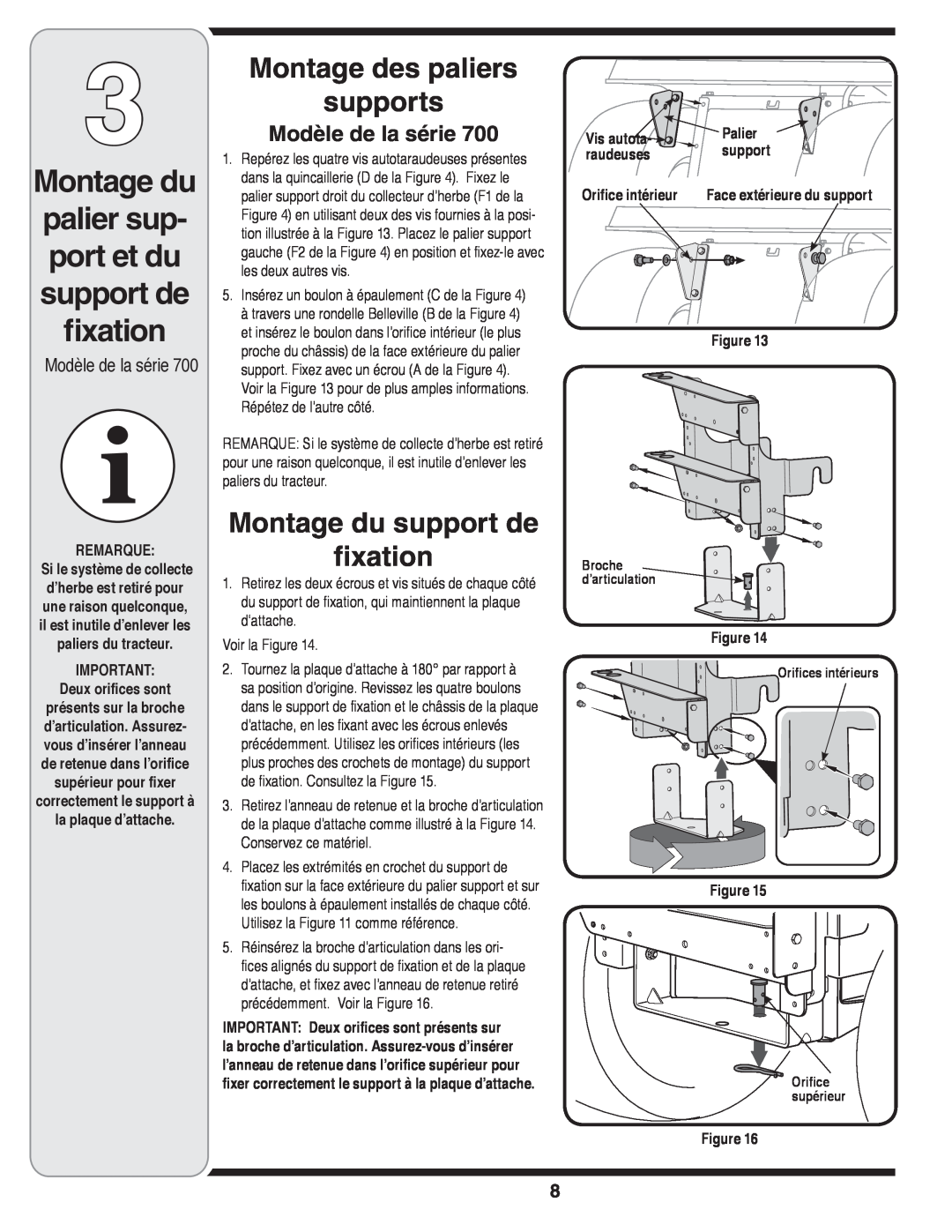 MTD OHD 190-180 Modèle de la série, Montage du, palier sup- port et du support de ﬁxation, Montage des paliers supports 