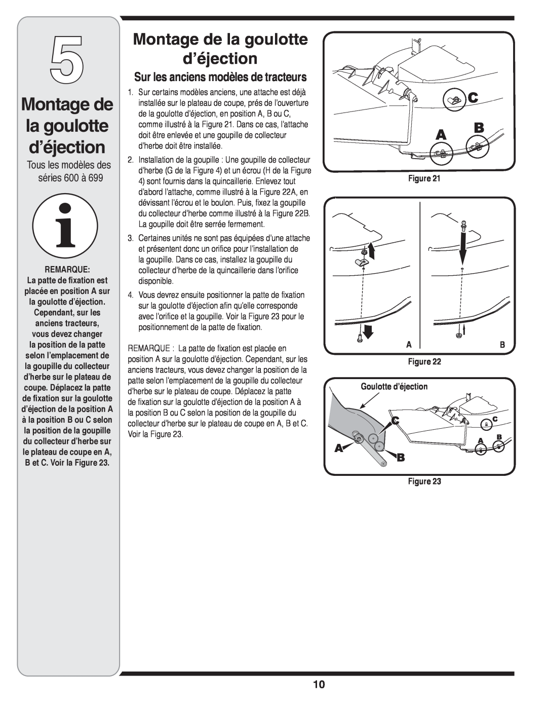 MTD OHD 190-180 warranty Montage de la goulotte d’éjection, Sur les anciens modèles de tracteurs 