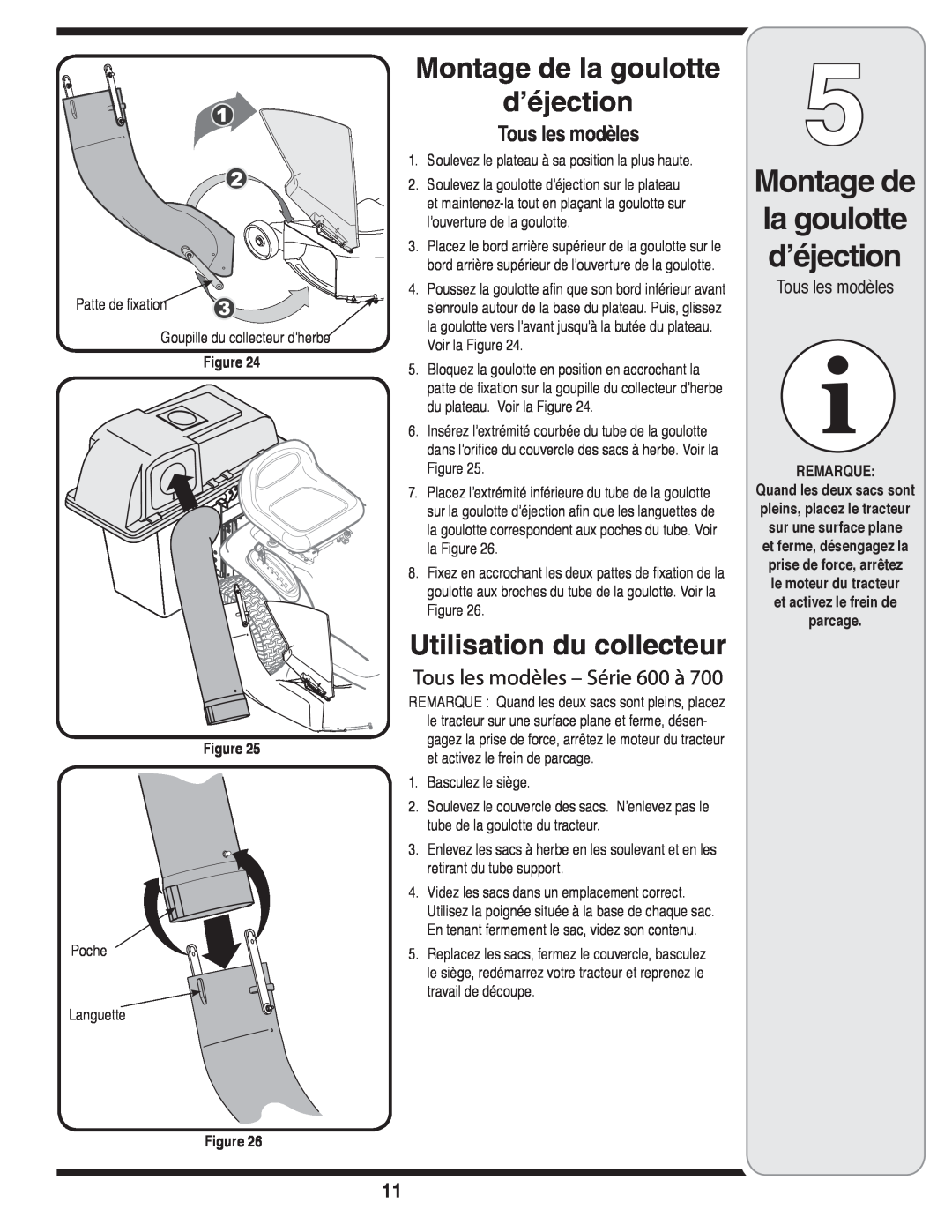 MTD OHD 190-180 warranty Utilisation du collecteur, Tous les modèles, Montage de, la goulotte d’éjection, Poche Languette 