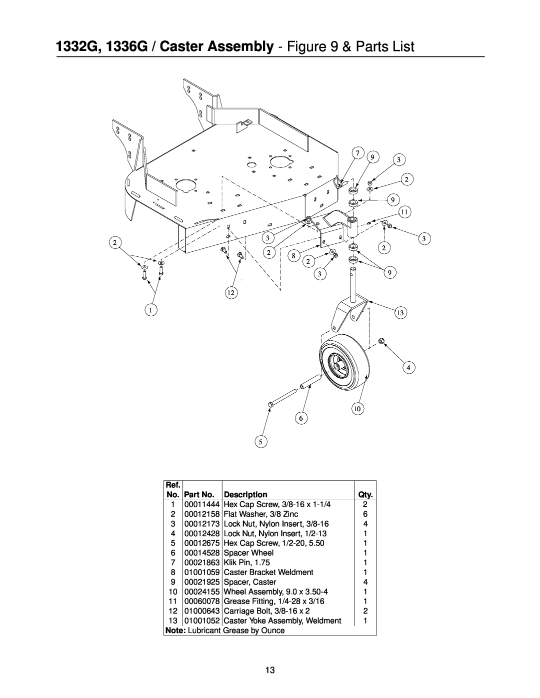 MTD PR-DLSW manual 1332G, 1336G / Caster Assembly - & Parts List, Description 