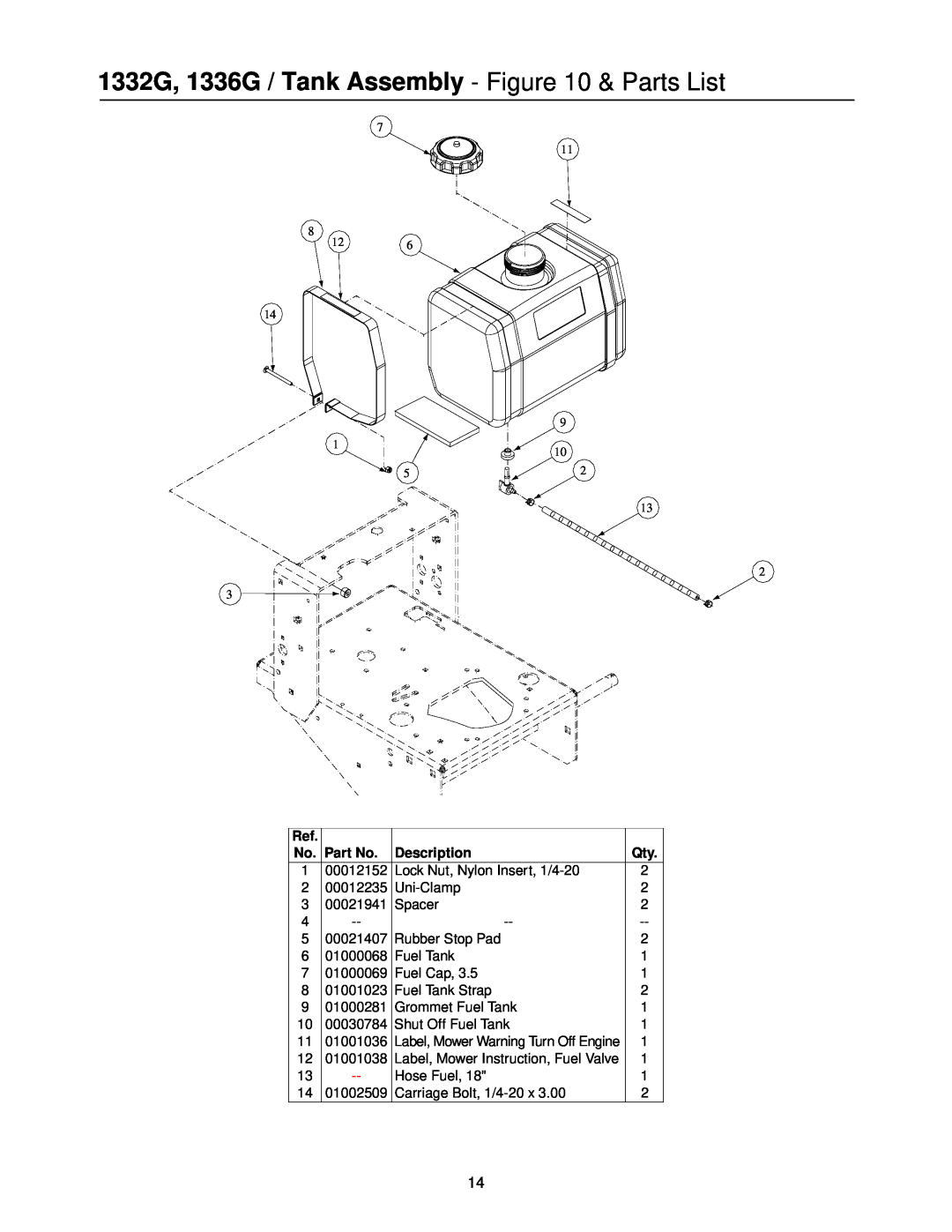 MTD PR-DLSW manual 1332G, 1336G / Tank Assembly - & Parts List, Description 