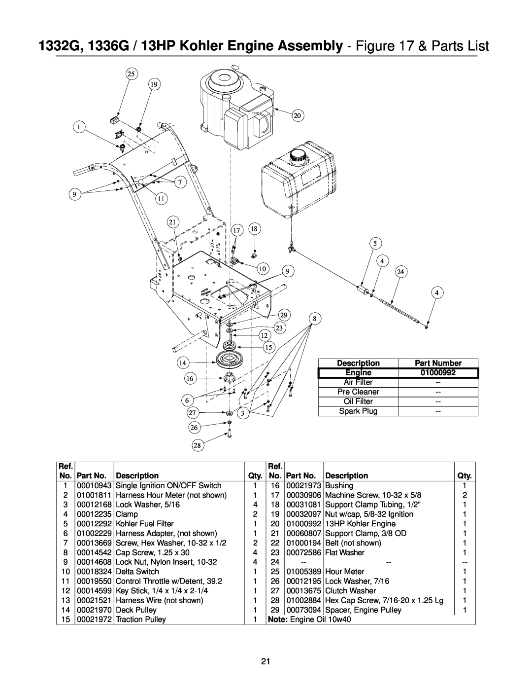 MTD PR-DLSW manual 1332G, 1336G / 13HP Kohler Engine Assembly - & Parts List, Part Number, Description 