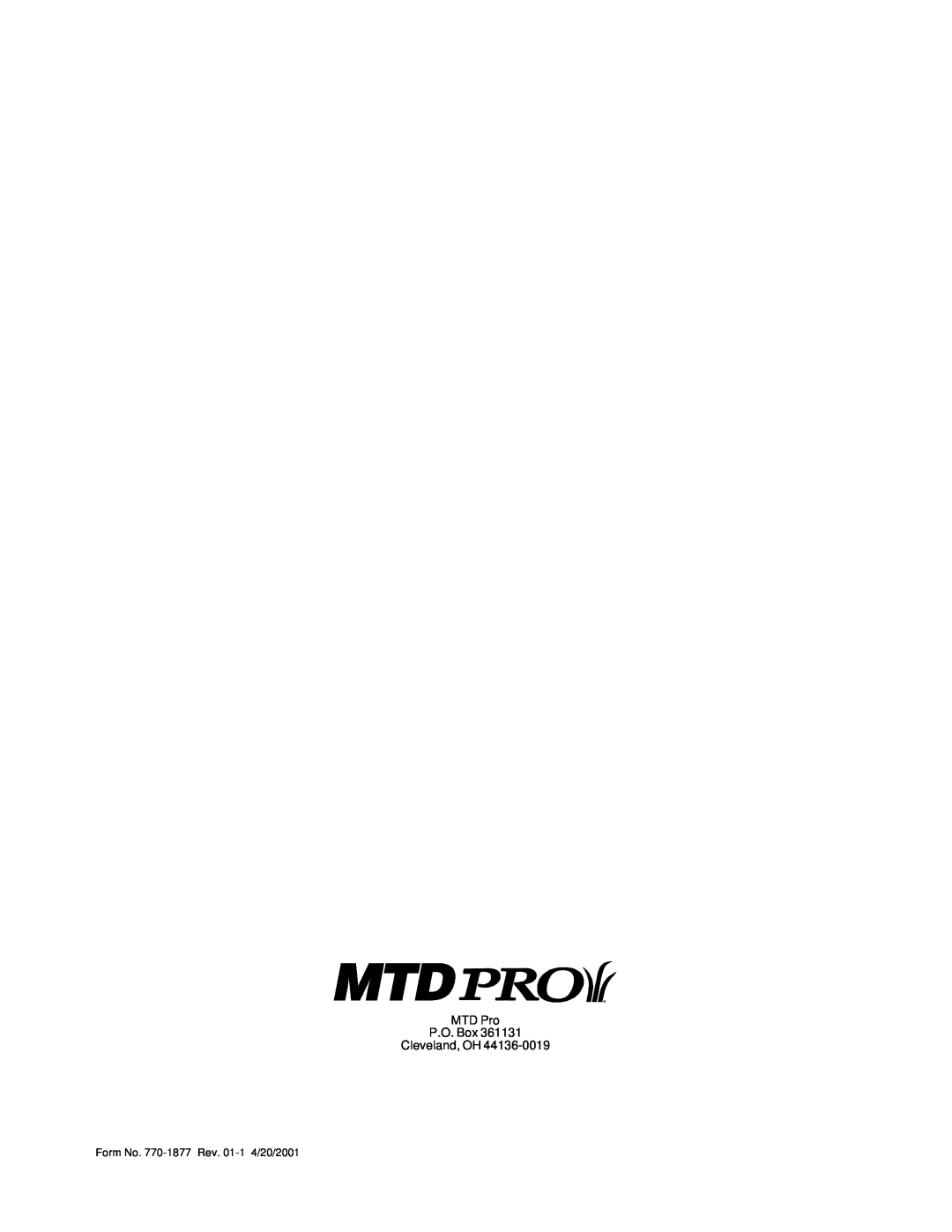 MTD PR-DLSW manual MTD Pro P.O. Box Cleveland, OH, Form No. 770-1877 Rev. 01-1 4/20/2001 