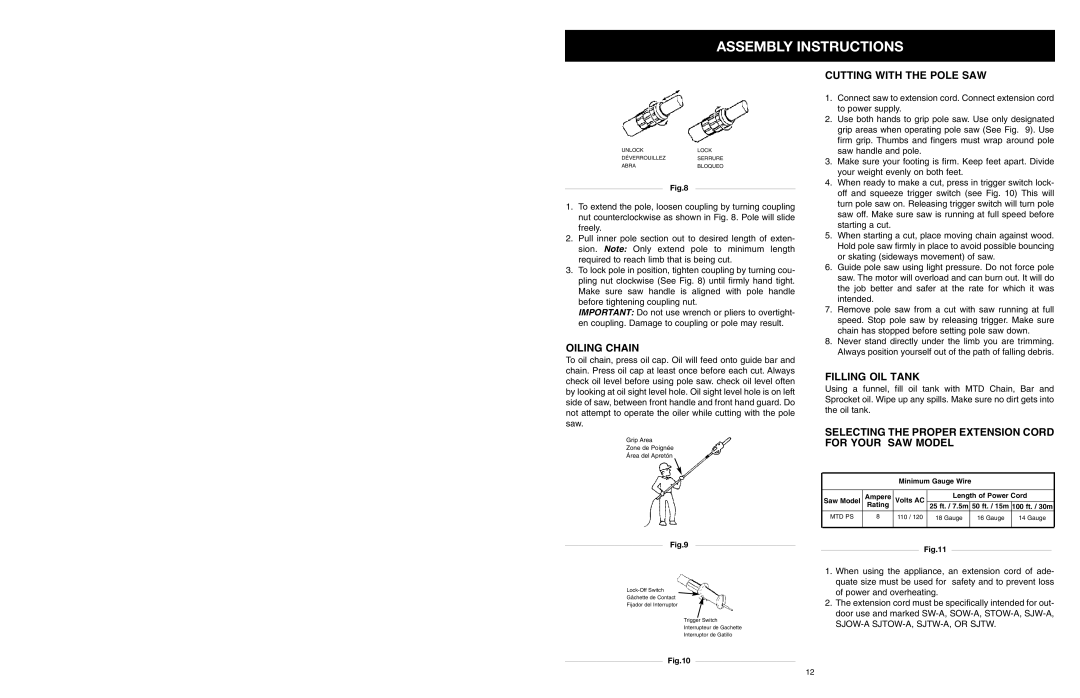 MTD PS Oiling Chain, Cutting with the Pole SAW, Filling OIL Tank, Selecting the Proper Extension Cord for Your SAW Model 