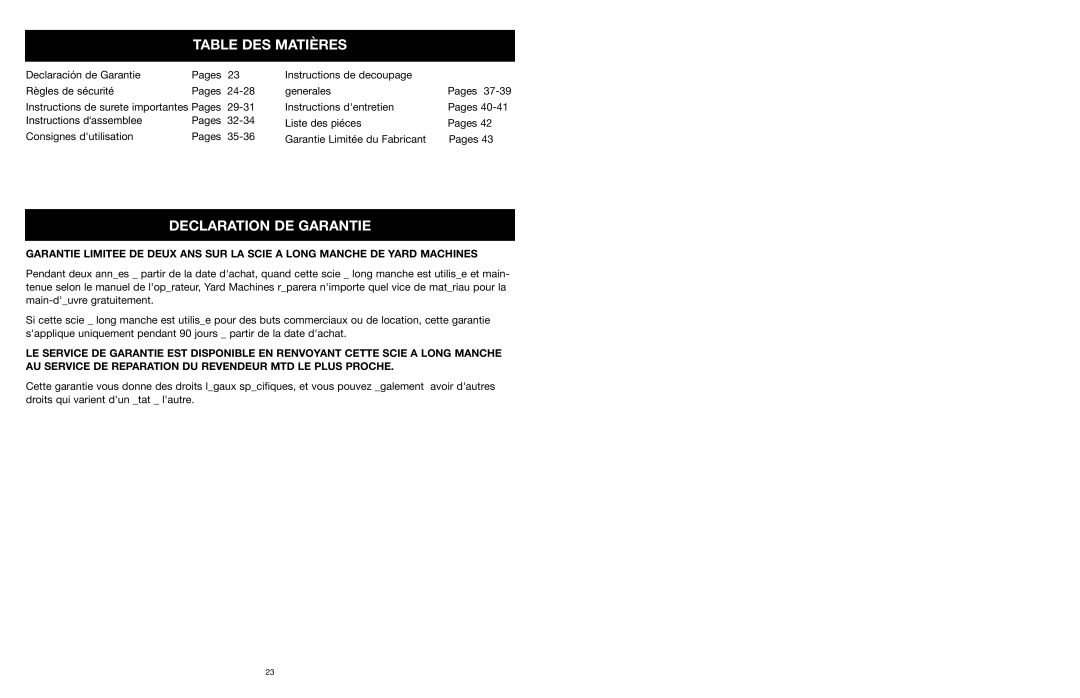 MTD PS manual Table DES Matières, Declaration DE Garantie 