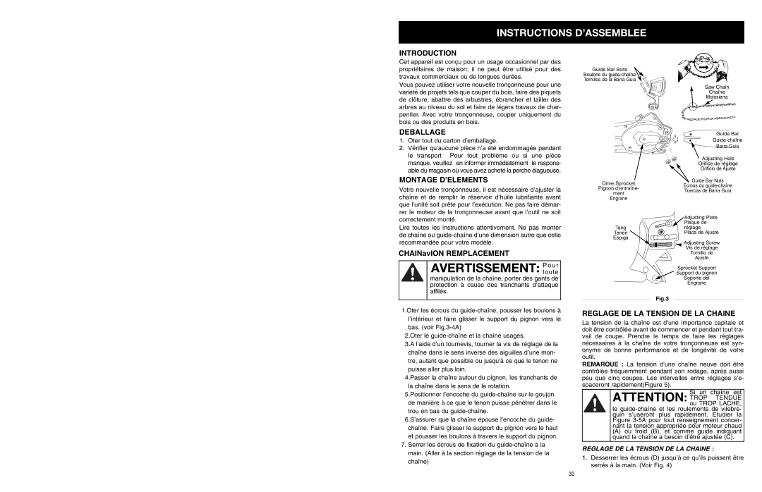 MTD PS manual Instructions D’ASSEMBLEE, Deballage, Montage D’ELEMENTS, Reglage DE LA Tension DE LA Chaine 