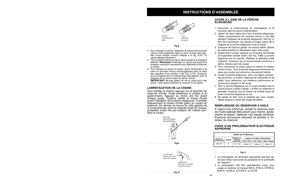 MTD PS manual Lubrefacation DE LA Chaine, Coupe a L’AIDE DE LA Perche Elagueuse, Remplissage DU Reservoir a Huile 