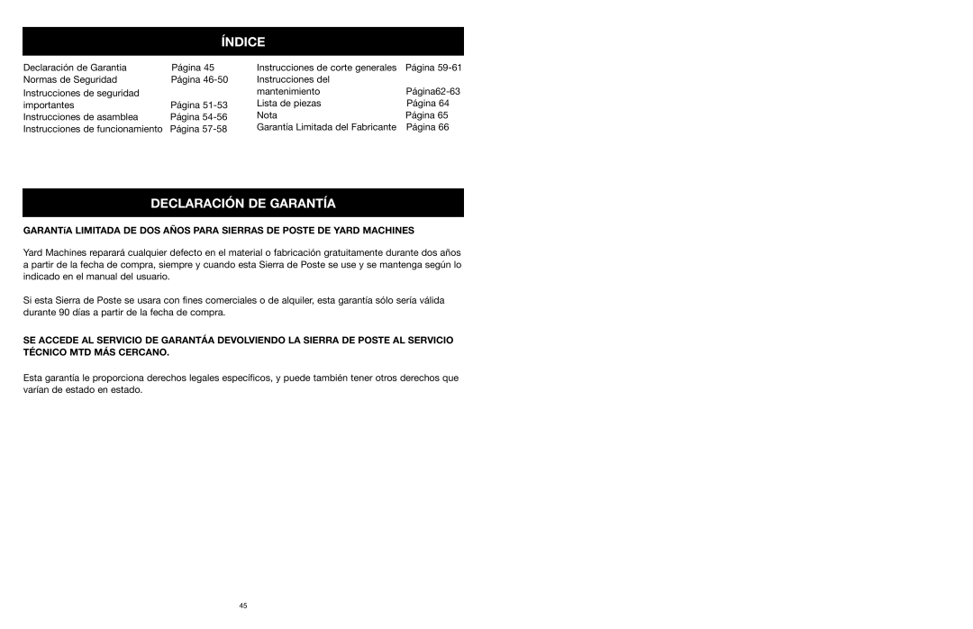 MTD PS manual Índice, Declaración DE Garantía 