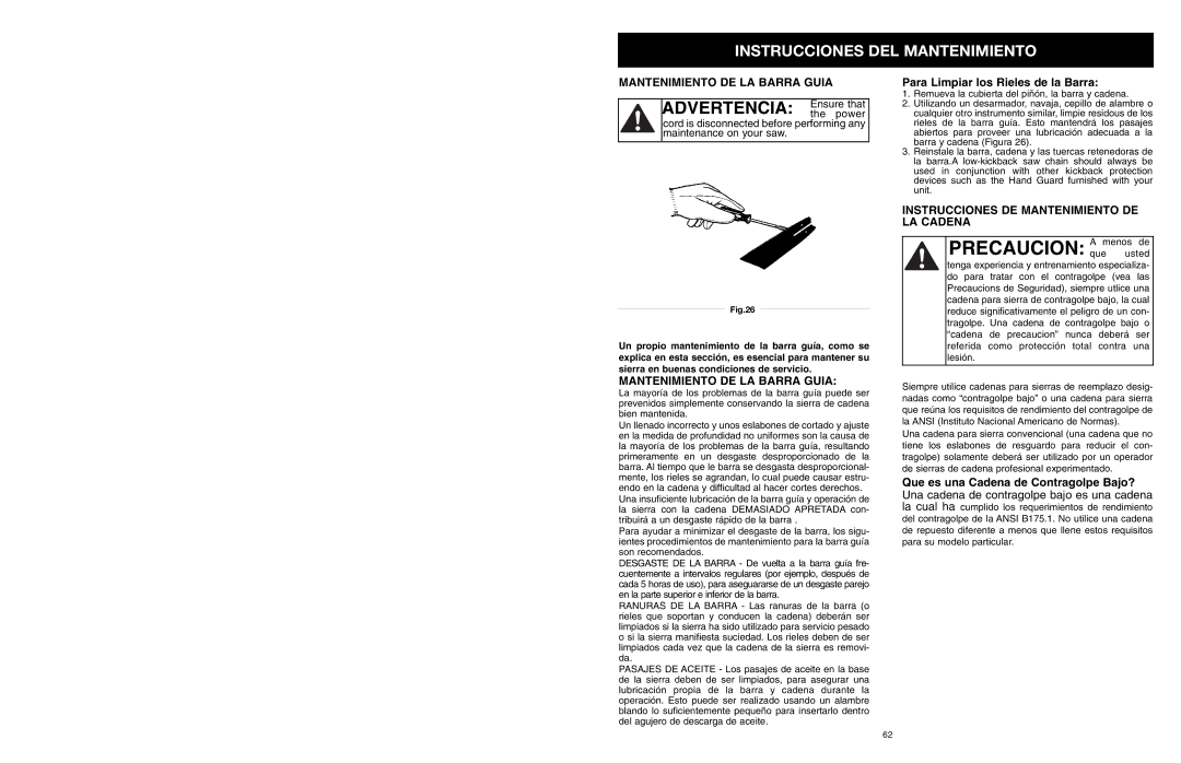 MTD PS manual Instrucciones DEL Mantenimiento, Mantenimiento DE LA Barra Guia, Instrucciones DE Mantenimiento DE LA Cadena 