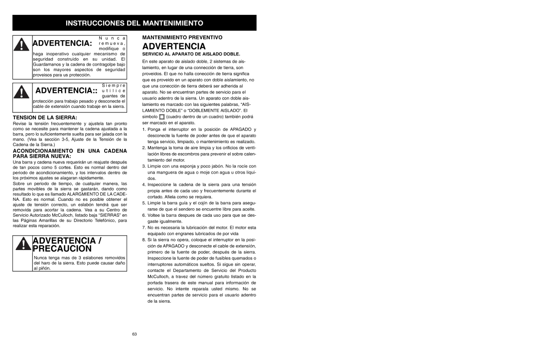 MTD PS manual Tension DE LA Sierra, Acondicionamiento EN UNA Cadena Para Sierra Nueva, Mantenimiento Preventivo 