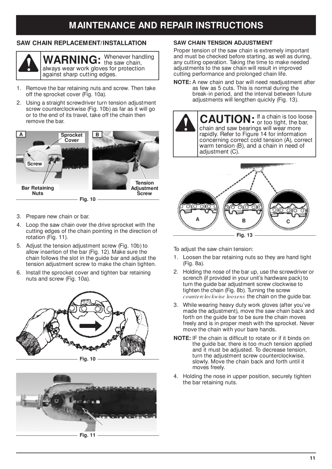 MTD PS720r manual Maintenance and Repair Instructions, SAW Chain REPLACEMENT/INSTALLATION, SAW Chain Tension Adjustment 