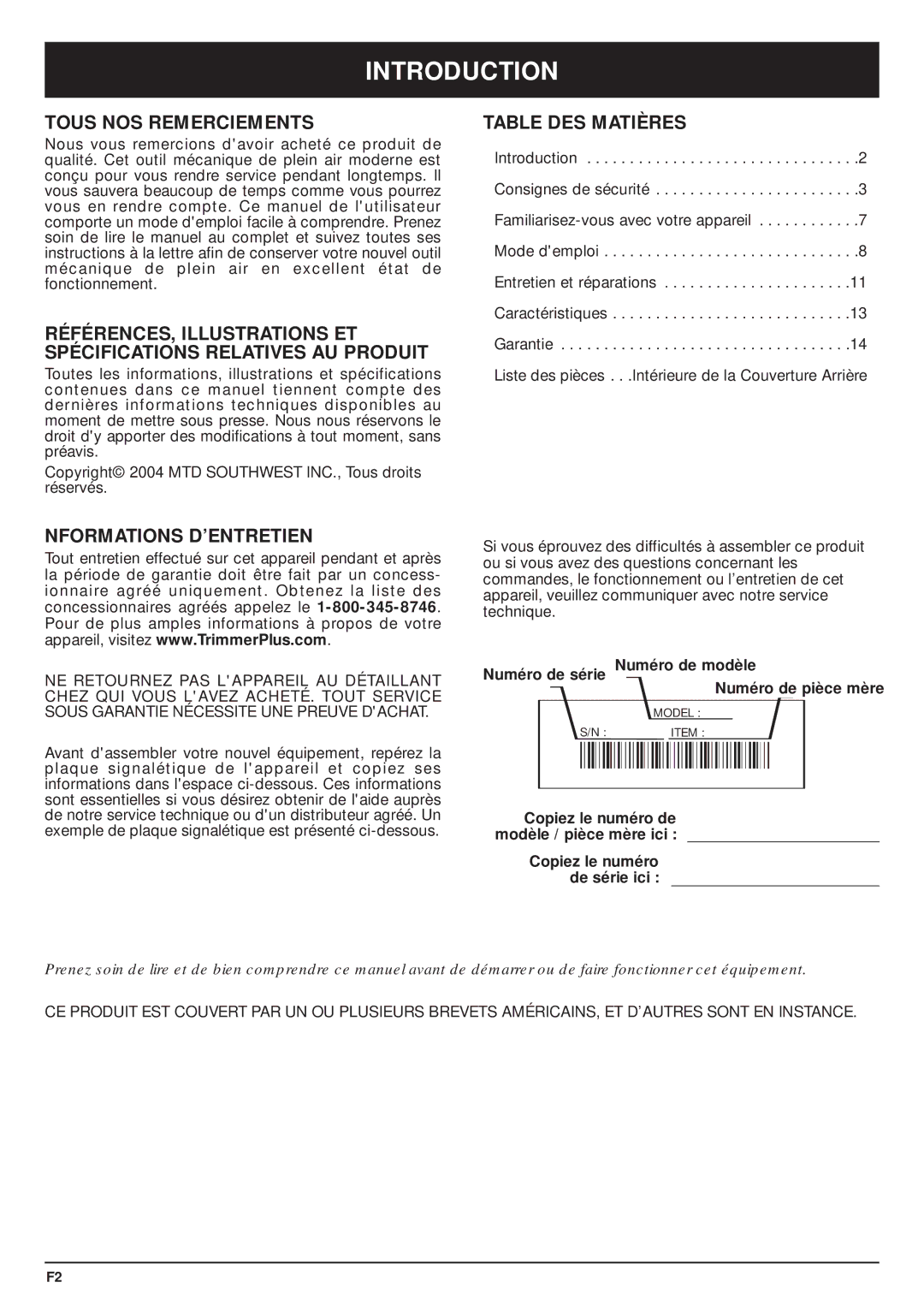 MTD PS720r manual Tous NOS Remerciements, Nformations D’ENTRETIEN, Table DES Matières 