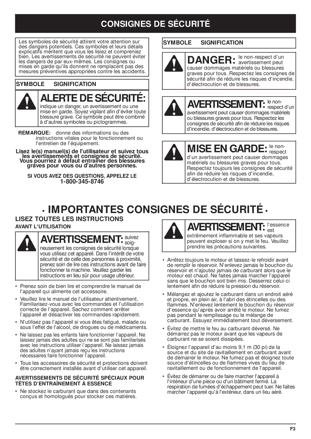 MTD PS720r manual Avertissement le non, Mise EN Garde le non, Importantes Consignes DE Sécurité, Avertissement suivezsoig 