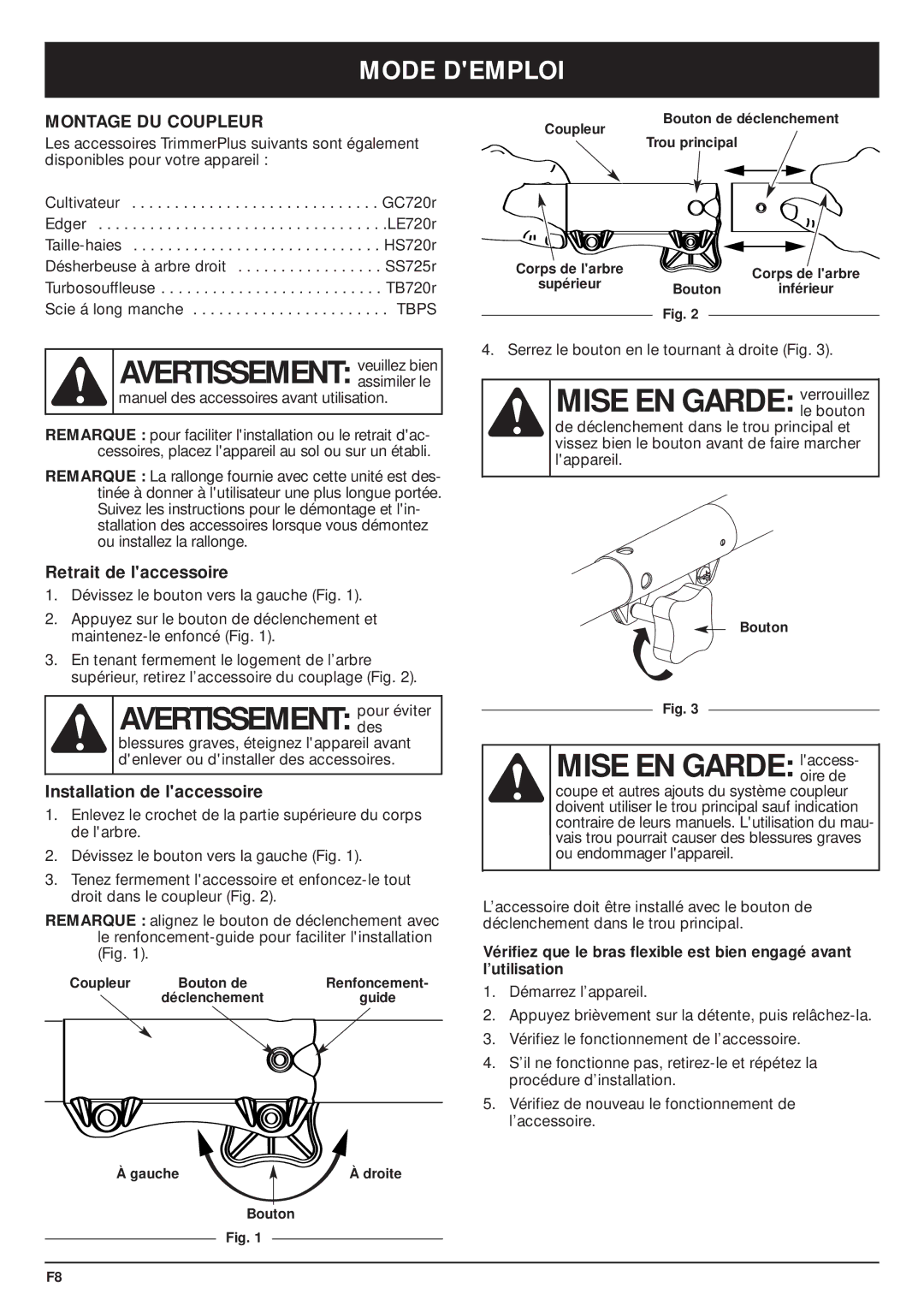 MTD PS720r manual Mise EN Garde laccess, Avertissement veuillez bien, Mode Demploi, Montage DU Coupleur 