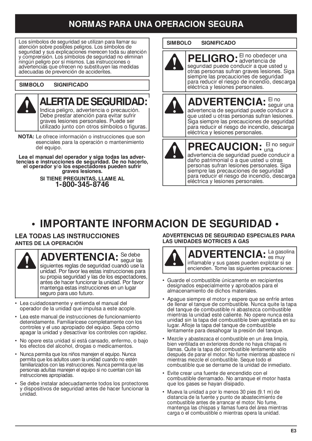 MTD PS720r manual Precaucion unaEl no seguir, Importante Informacion DE Seguridad, Advertencia Se debe 