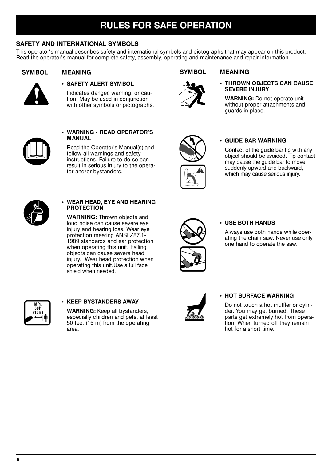 MTD PS720r Safety and International Symbols, Symbol Meaning, Safety Alert Symbol, USE Both Hands, HOT Surface Warning 