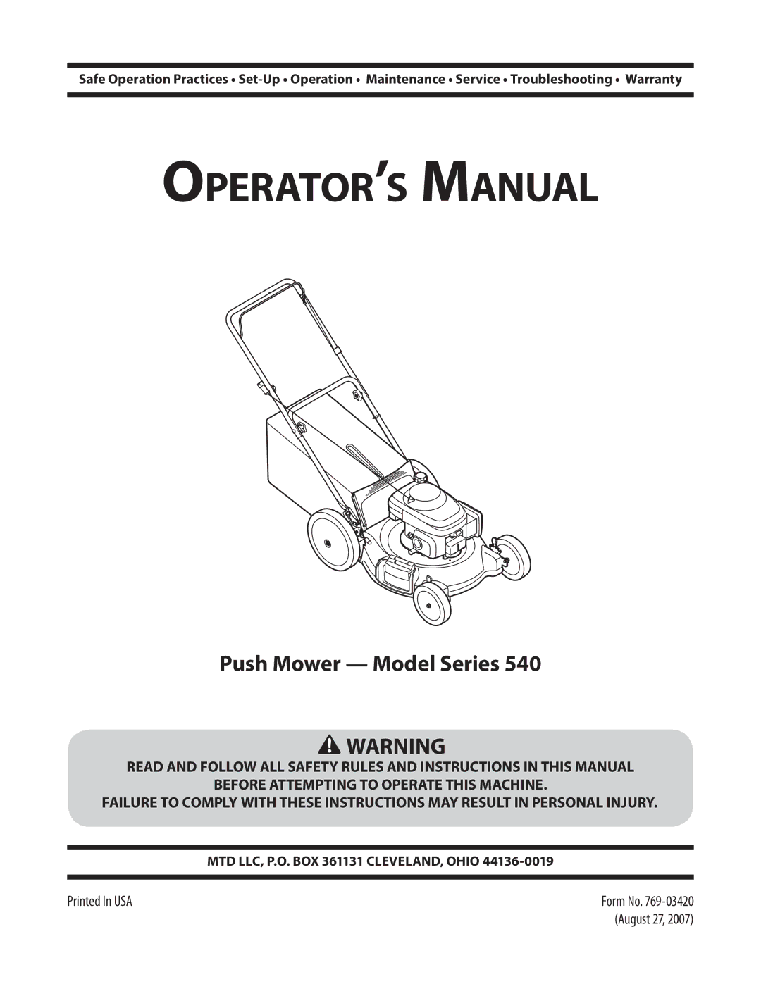 MTD 540, Push Mower warranty Operator’s Manual 