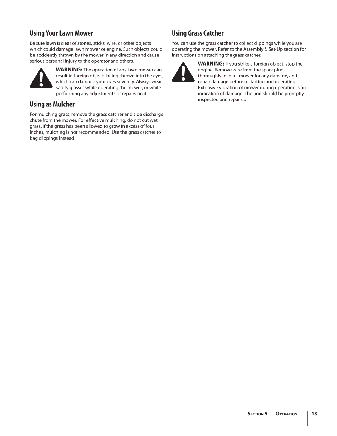 MTD 540, Push Mower warranty Using Your Lawn Mower, Using as Mulcher, Using Grass Catcher 