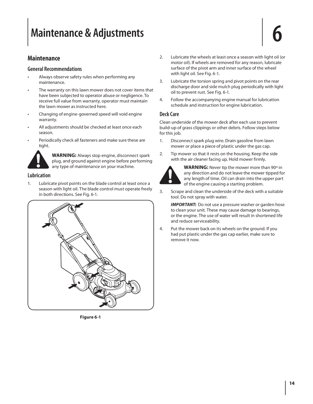 MTD Push Mower, 540 warranty Maintenance & Adjustments, General Recommendations, Lubrication, Deck Care 