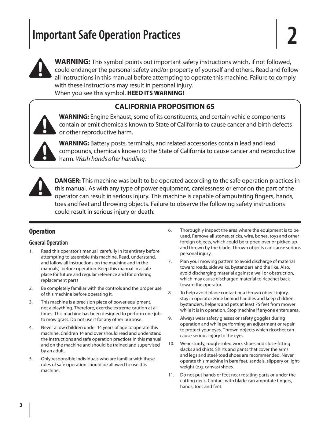 MTD 540, Push Mower warranty Important Safe Operation Practices, California Proposition Operation, General Operation 