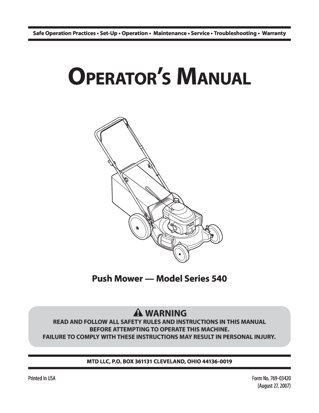 MTD 540 warranty Push Mower - Model Series, Read And Follow All Safety Rules And Instructions In This Manual 