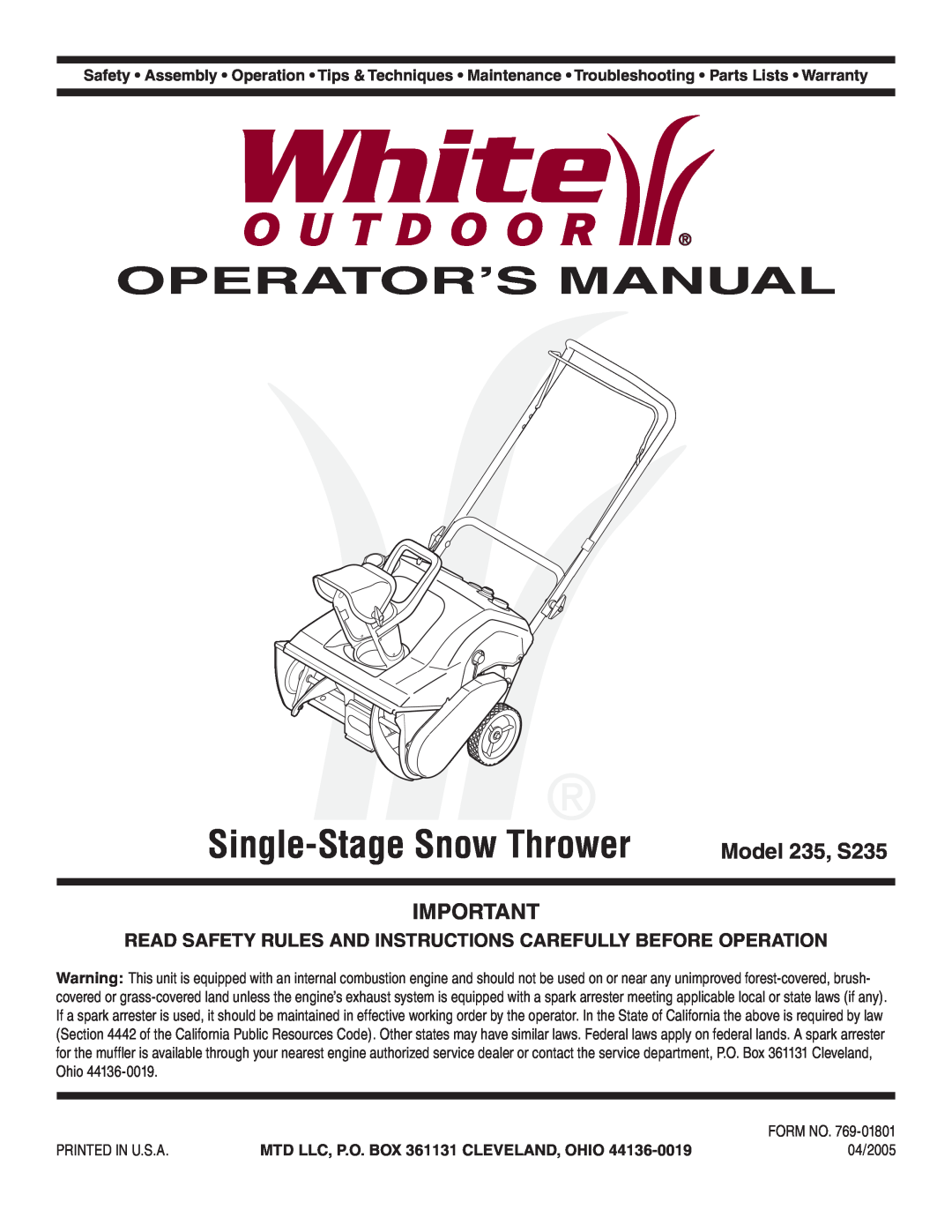 MTD warranty Operator’S Manual, Single-Stage Snow Thrower, Model 235, S235, MTD LLC, P.O. BOX 361131 CLEVELAND, OHIO 