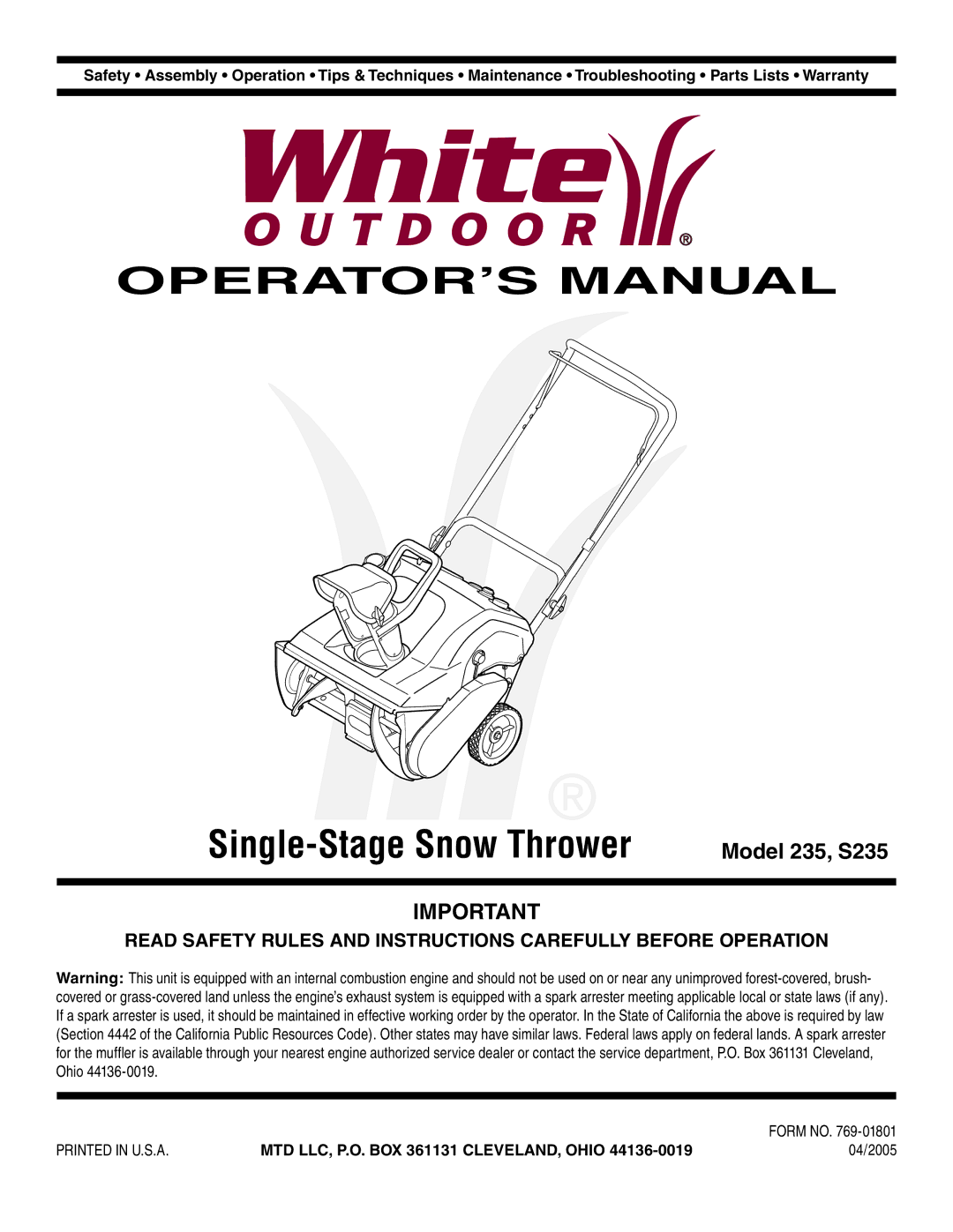 MTD S235 warranty OPERATOR’S Manual, Single-Stage Snow Thrower 